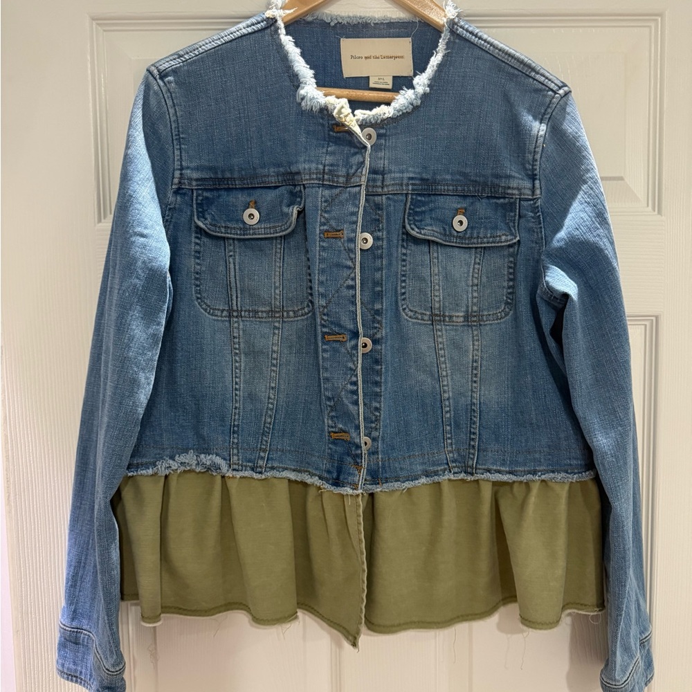 Pilcro Blue Cropped Jean Jacket with Distressed Edges